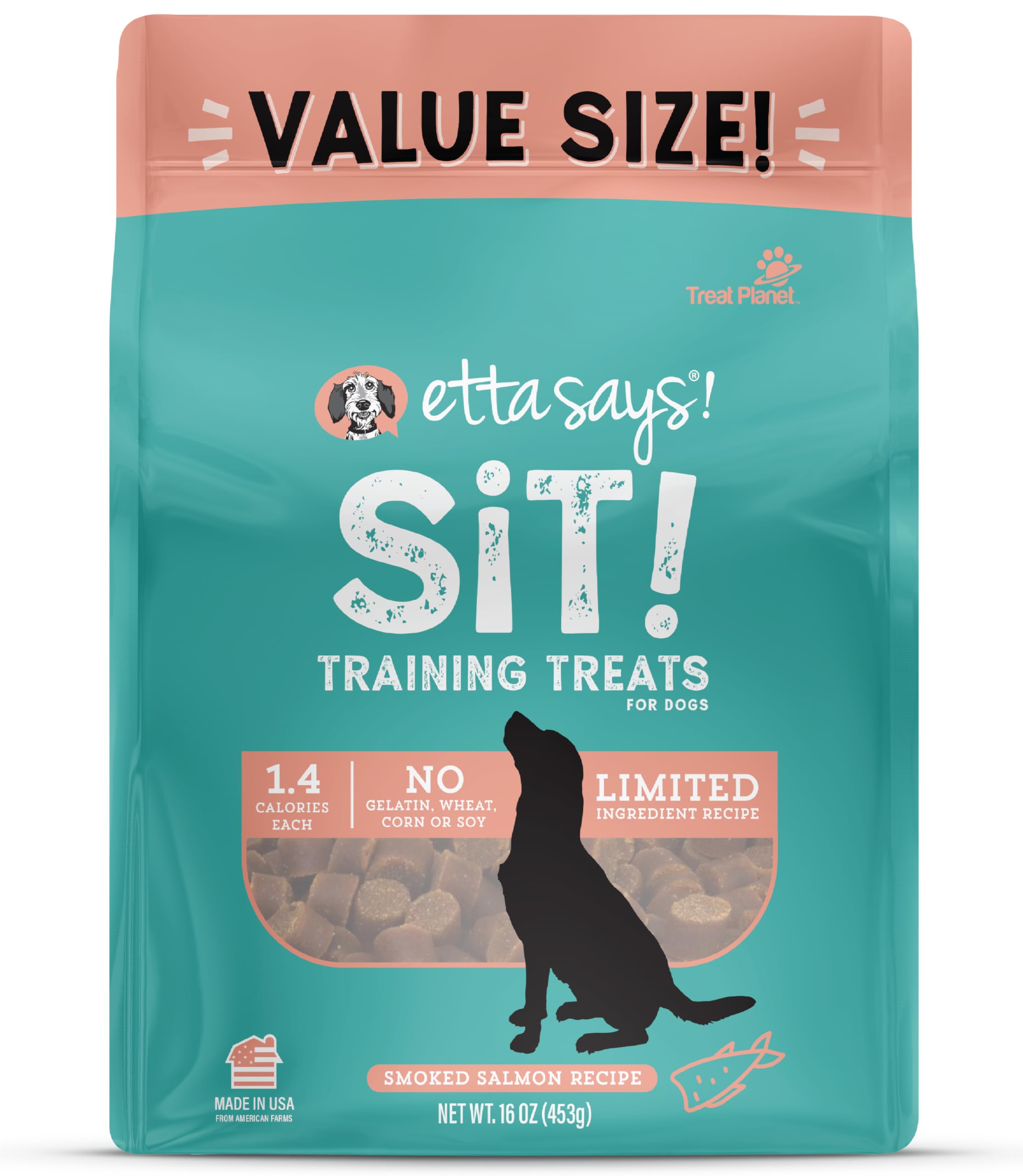 Etta Says Sit Training Treats packaging showing salmon flavor, ideal training reward.