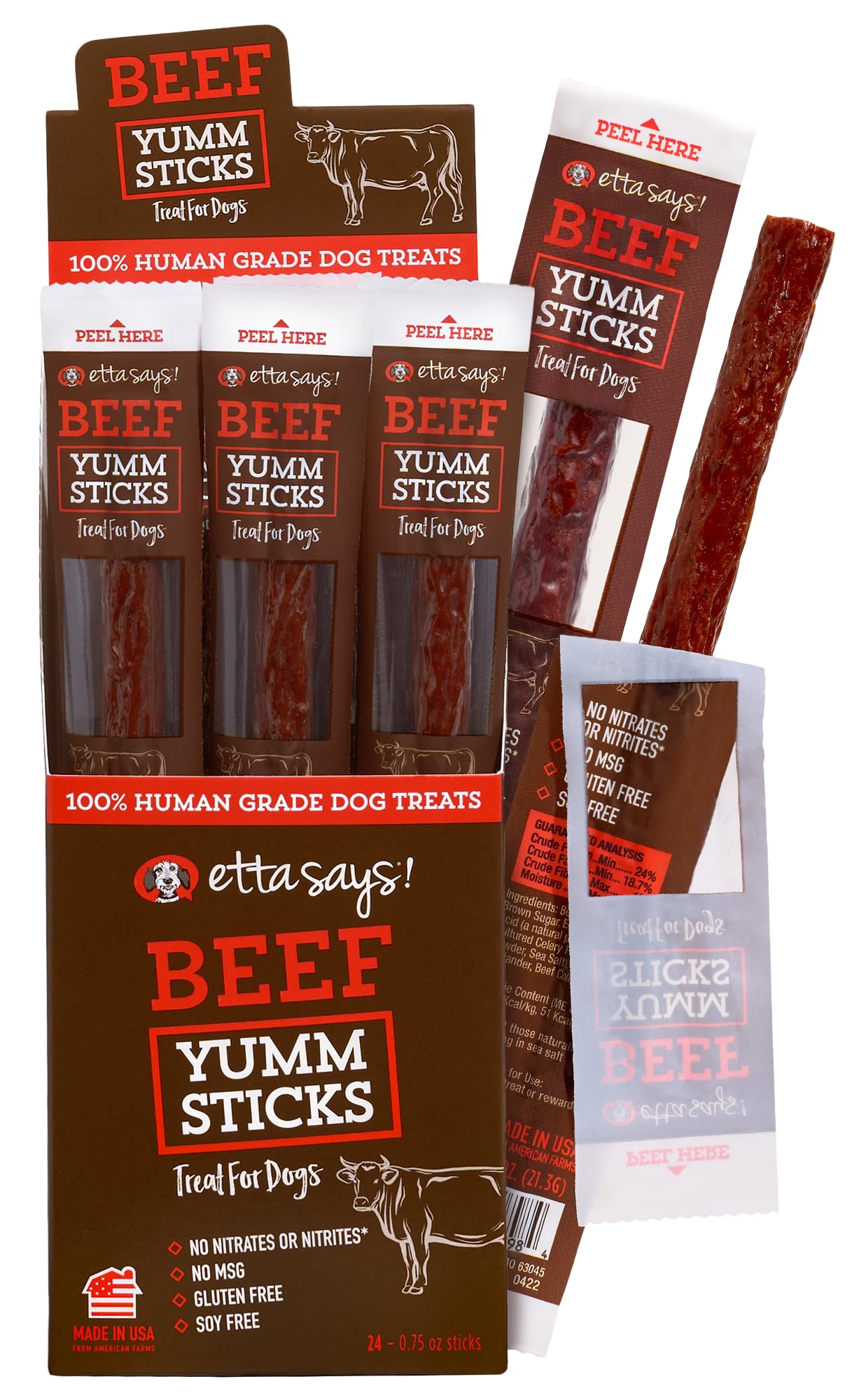 etta says! Yumm Sticks beef jerky pack front shows real meat treats for dogs