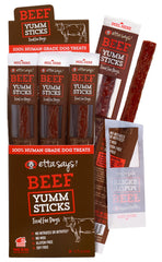 etta says! Yumm Sticks beef jerky pack front shows real meat treats for dogs