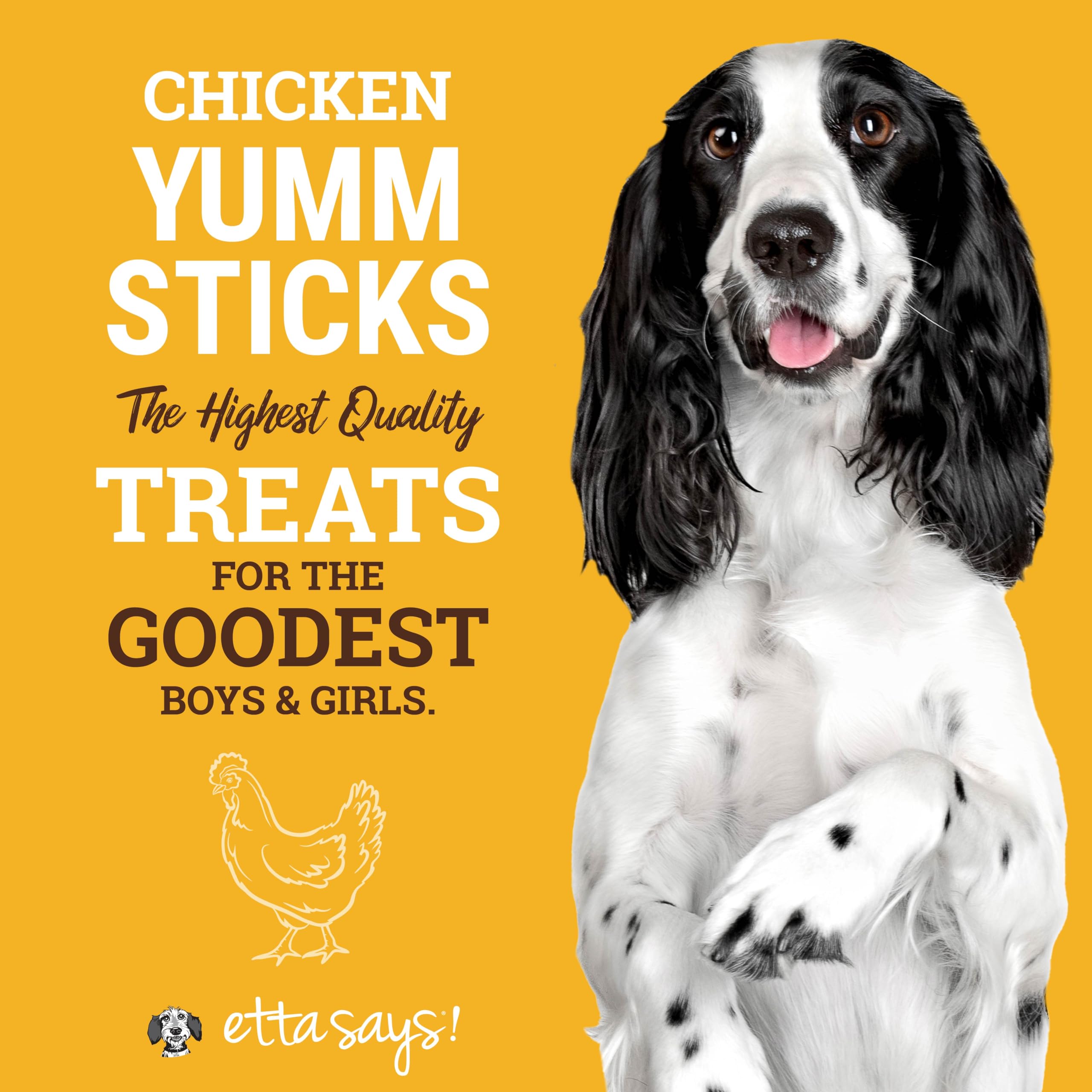 etta says! Yumm Sticks chicken jerky close-up highlights meaty texture and high-protein appeal.