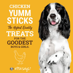 etta says! Yumm Sticks chicken jerky close-up highlights meaty texture and high-protein appeal.