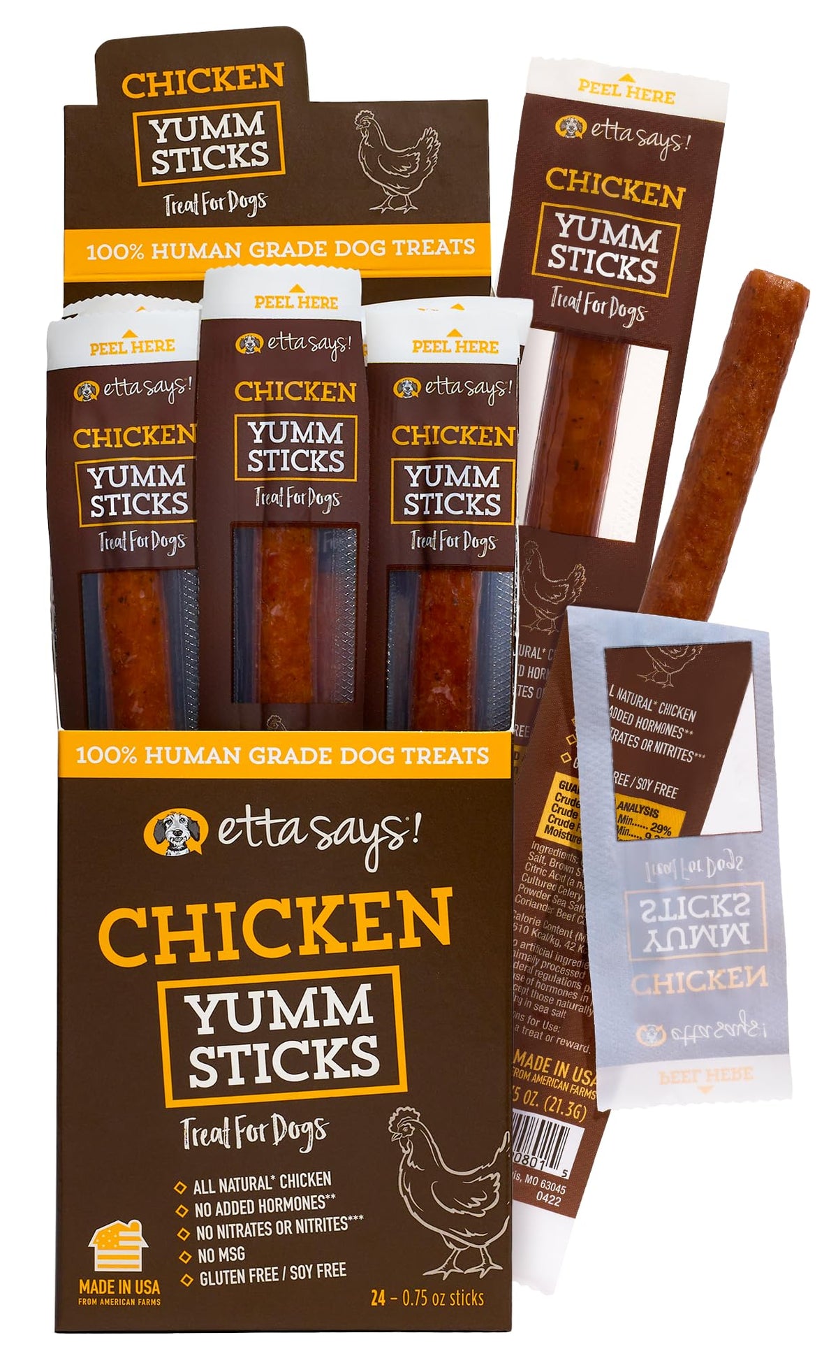 etta says! Yumm Sticks packaging showcases USA-made dog treats for freshness and convenience.