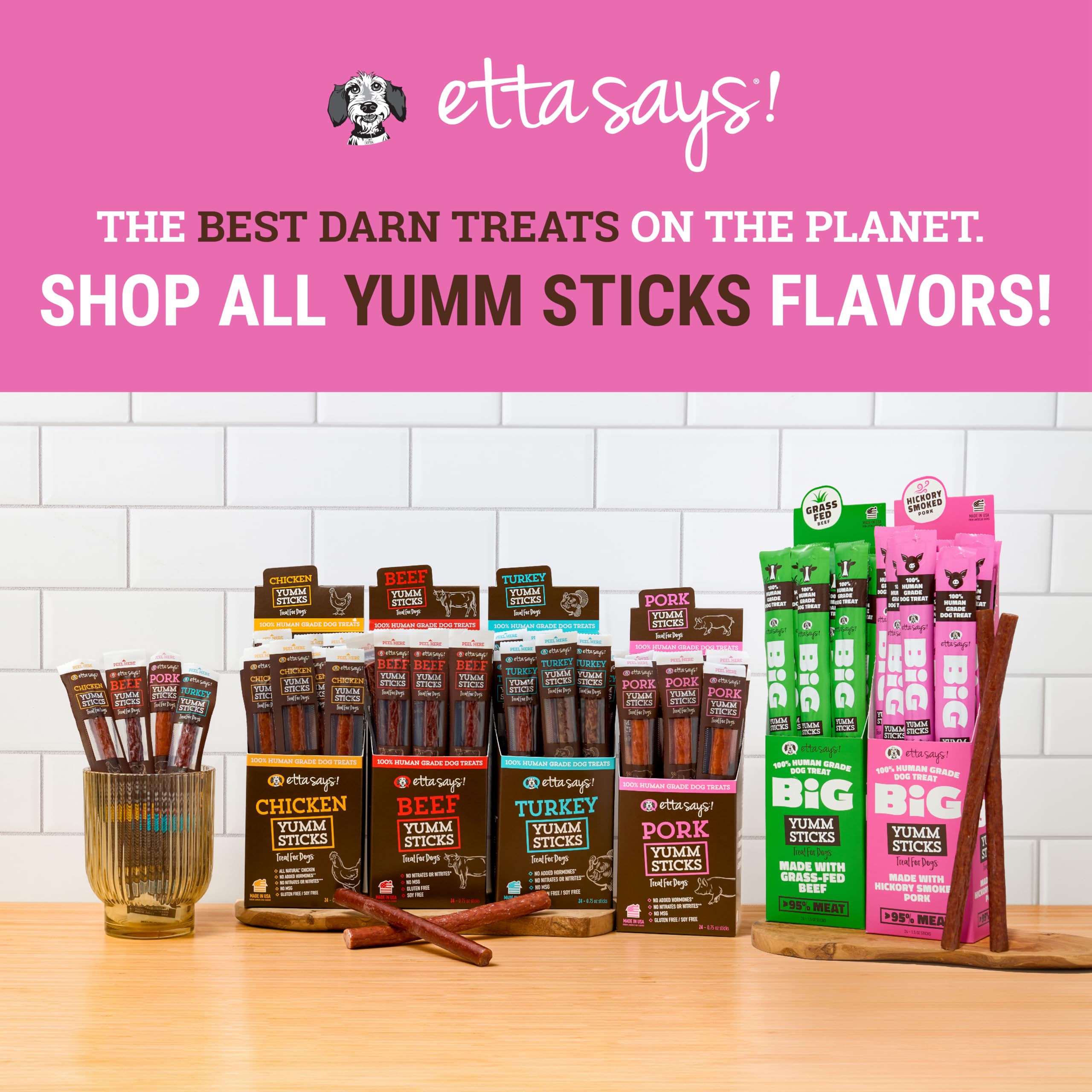 etta says! Yumm Sticks pork jerky hero shot — a tasty, natural snack for dogs.