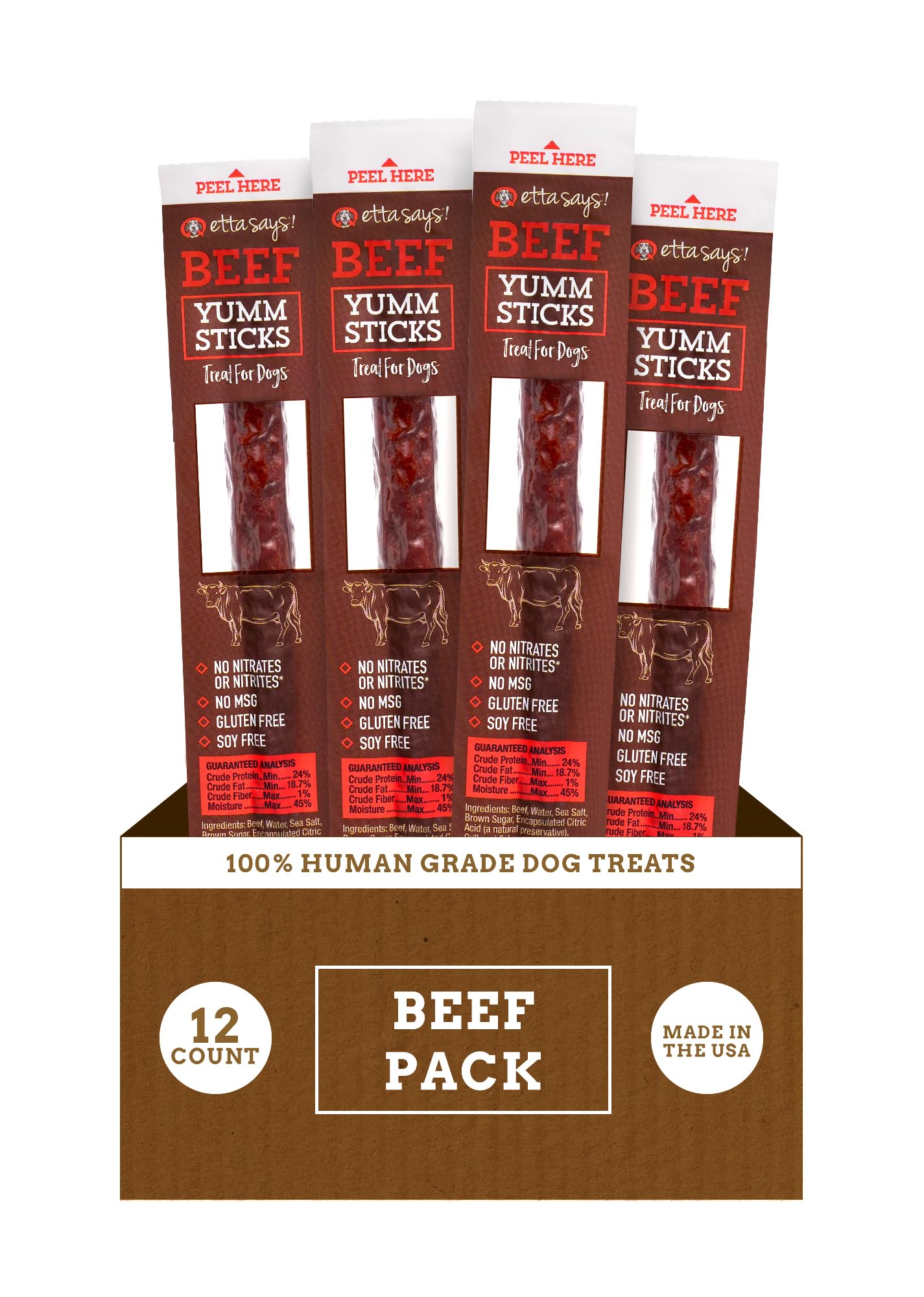 etta says! Yumm Sticks beef jerky packaging – convenient, fresh rewards for dogs.