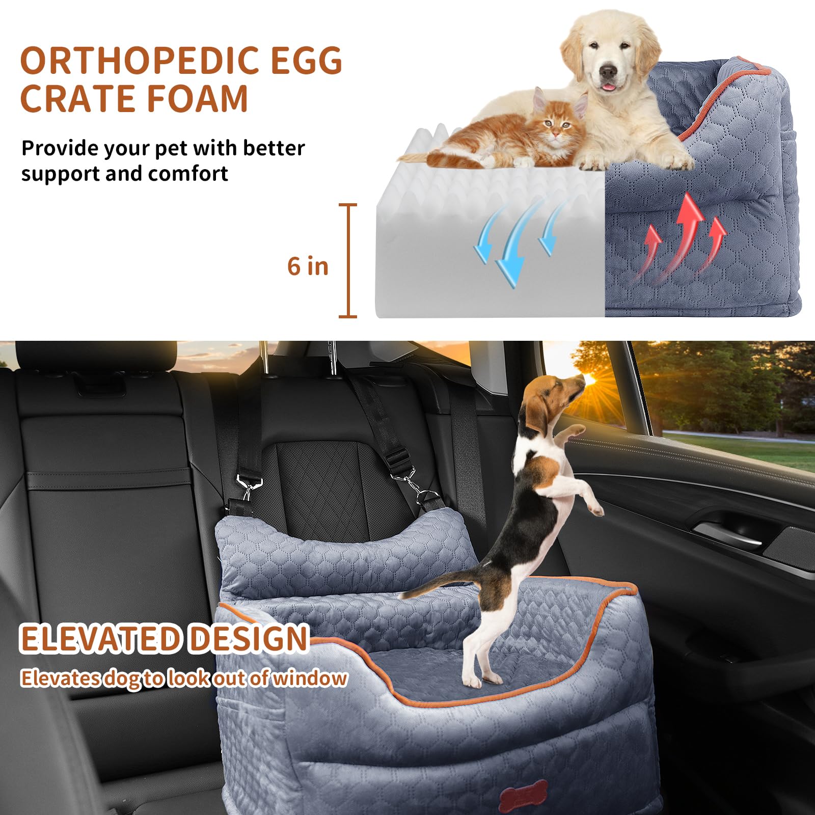 EUHAMS dog booster seat side view shows secure fit on front or back seat