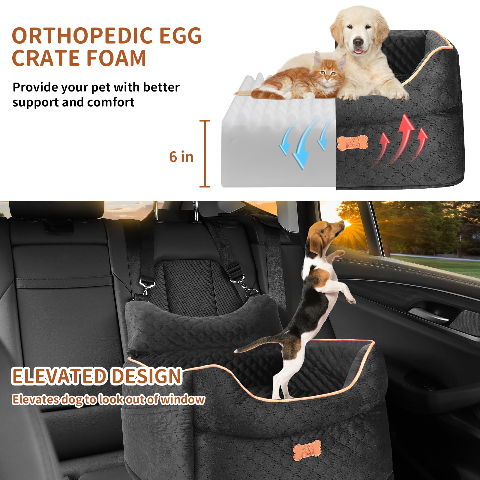 EUHAMS memory foam dog seat demonstrates comfortable resting surface on trips.