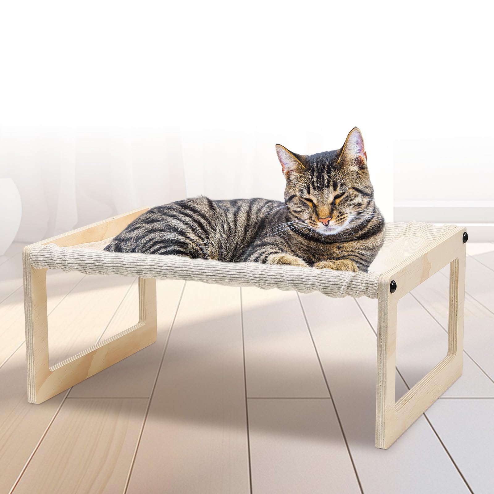 EUIJOIP cat bed with wooden frame provides sturdy elevation for comfy naps.