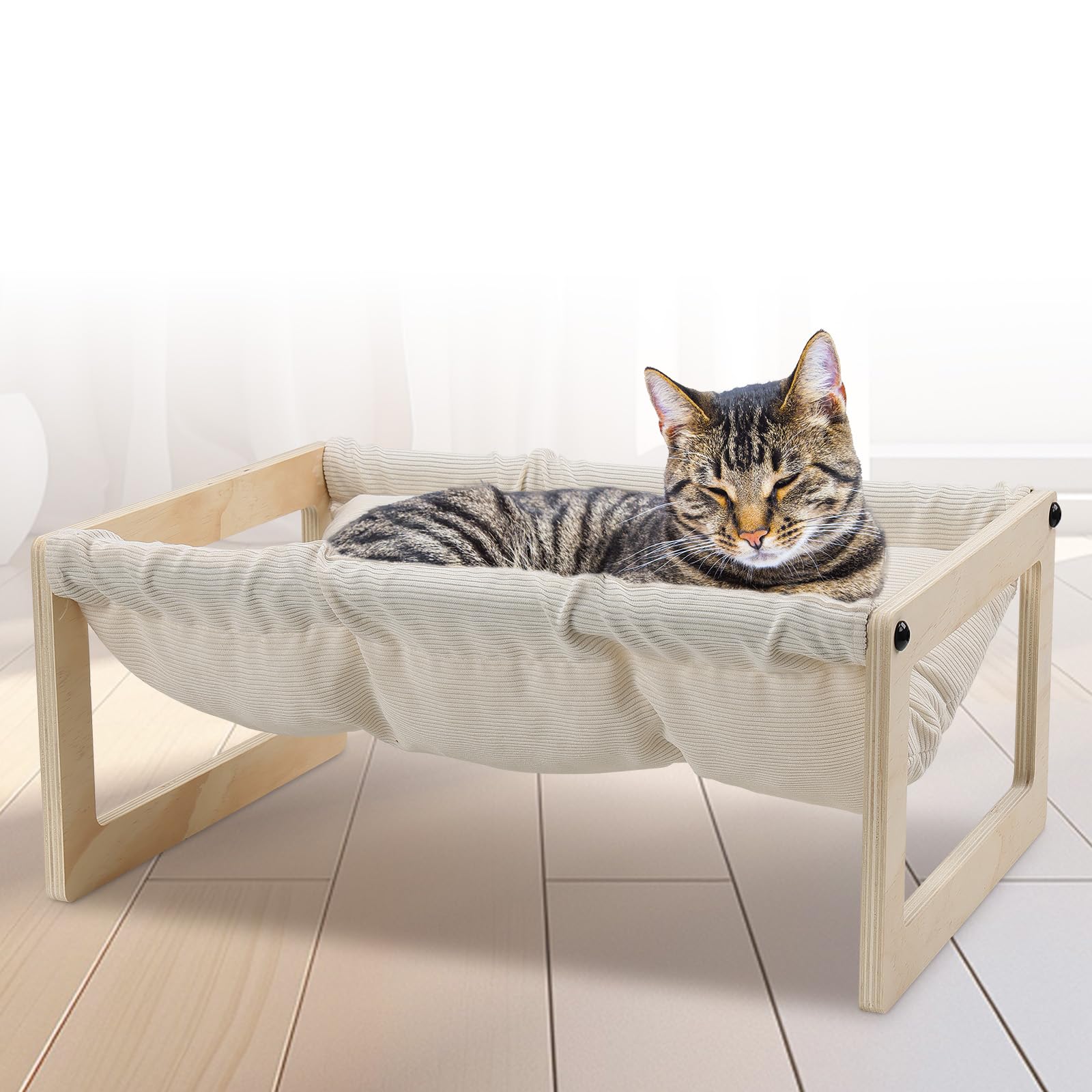 EUIJOIP cat bed wooden hammock frame promotes stable rest for pets.