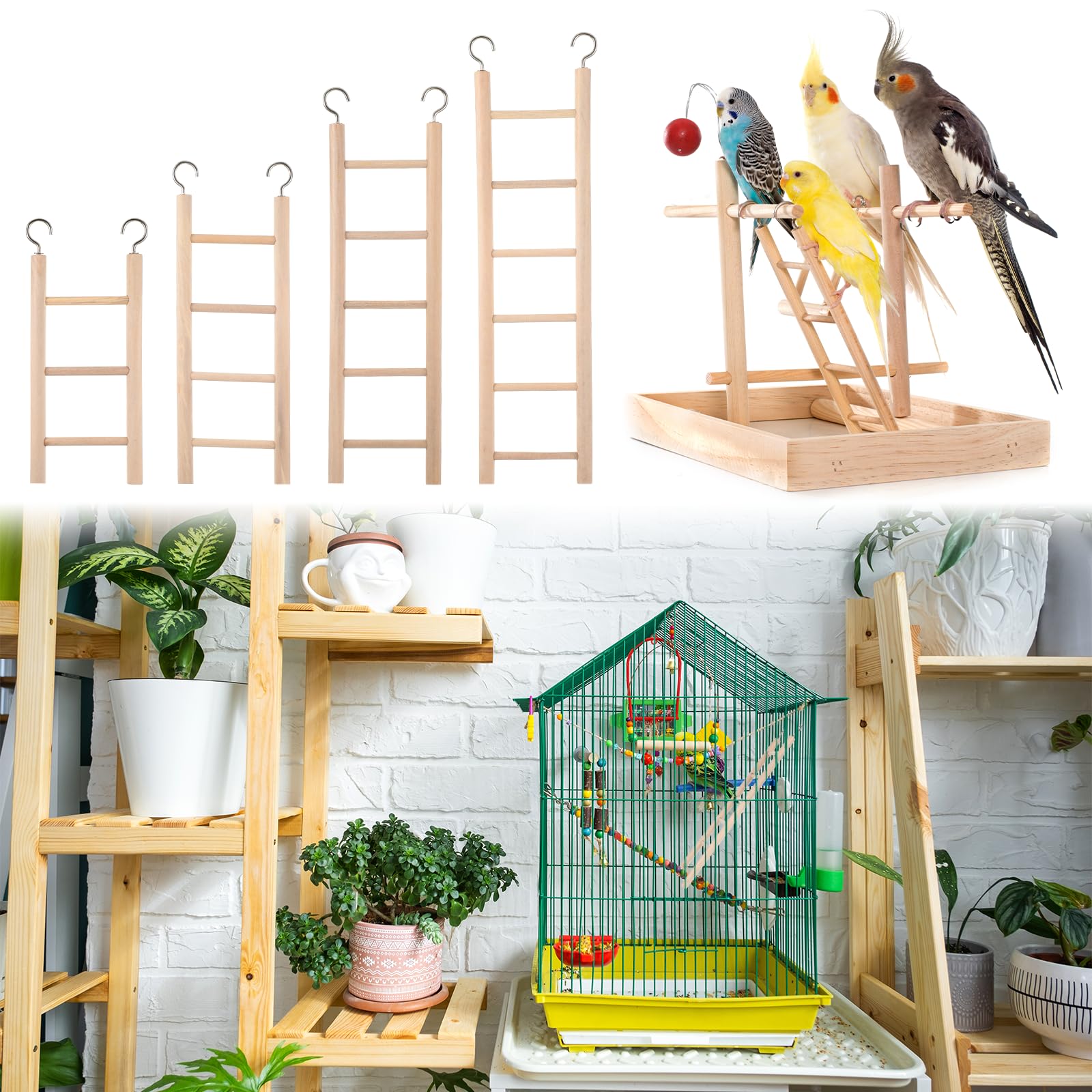 EupHHonycs bird ladder 6-rung wooden shot shows extended climbing options