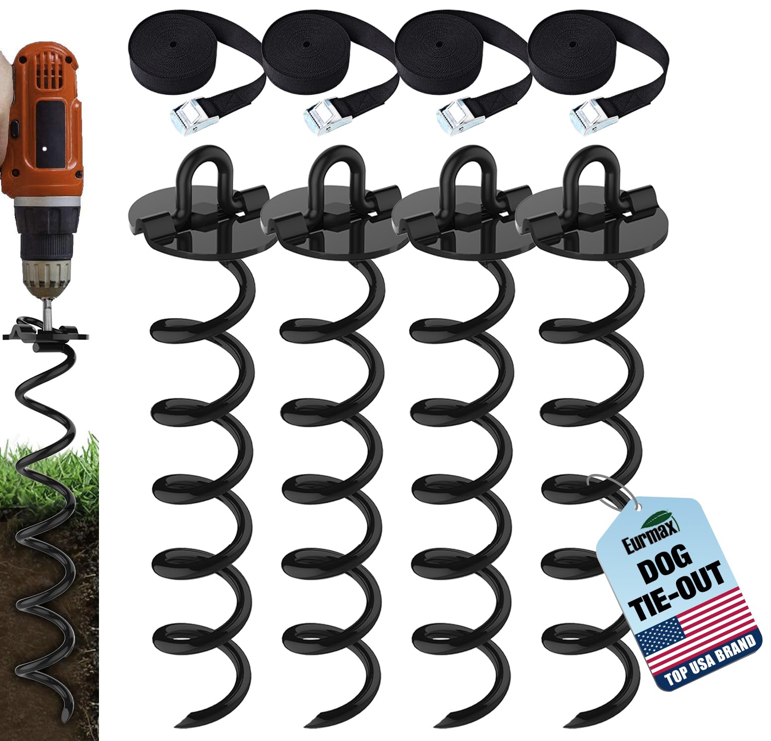 Eurmax USA 4-pc spiral stakes pack securing a ground anchor for tents and trampolines.