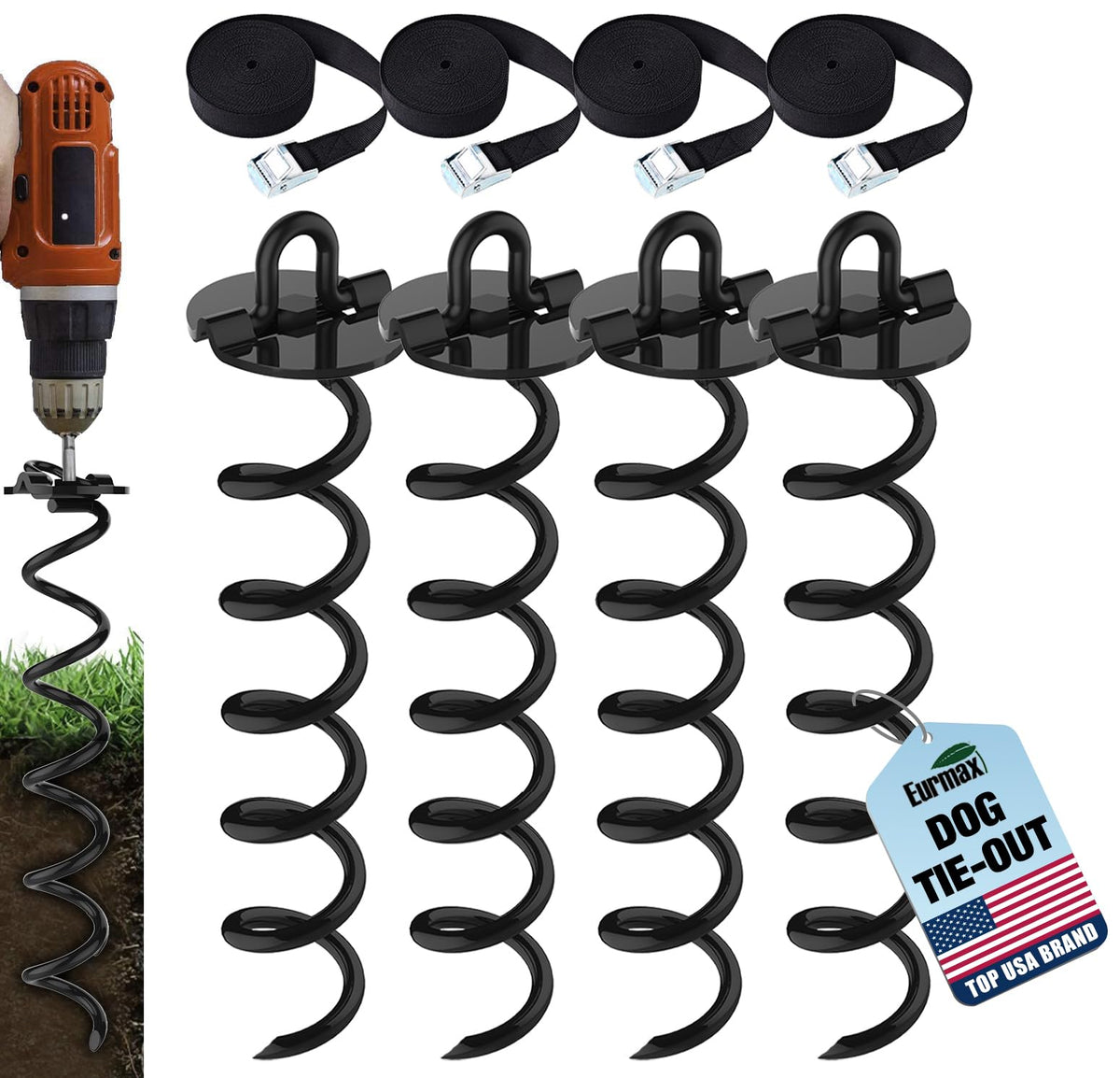 Eurmax USA 4-pc spiral stakes pack securing a ground anchor for tents and trampolines.