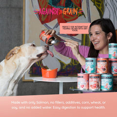 Evanger's Against The Grain salmon-broth-splash emphasizes natural juices enhancing flavor.