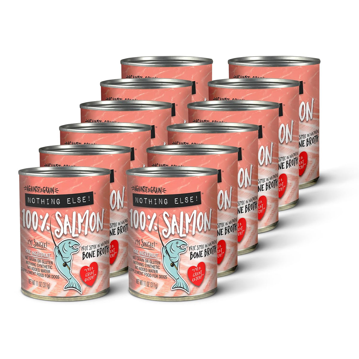 Evanger's Against The Grain salmon can front shows 100% salmon for protein-first meals.