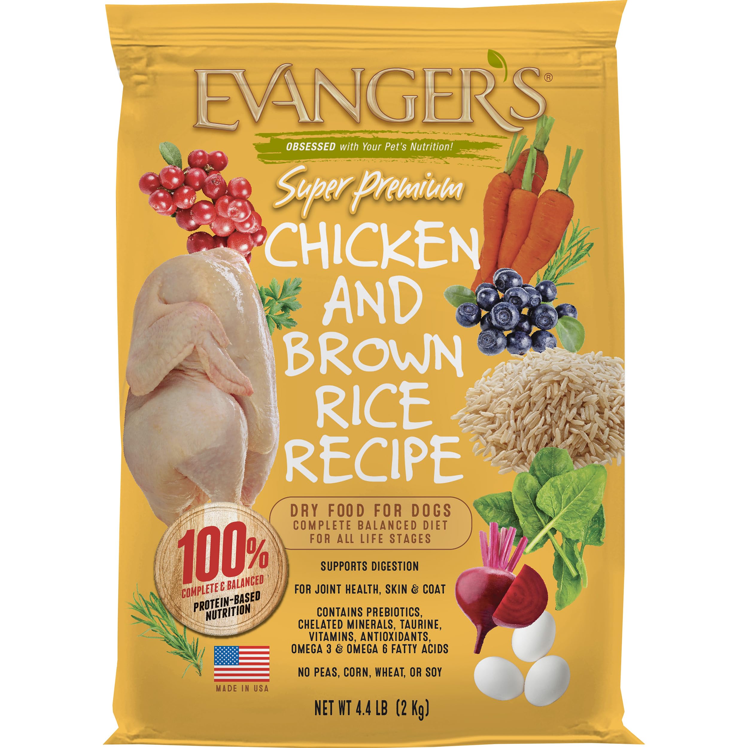 Evanger's Chicken Brown Rice bag shows real chicken first ingredient for lean muscle and steady energy