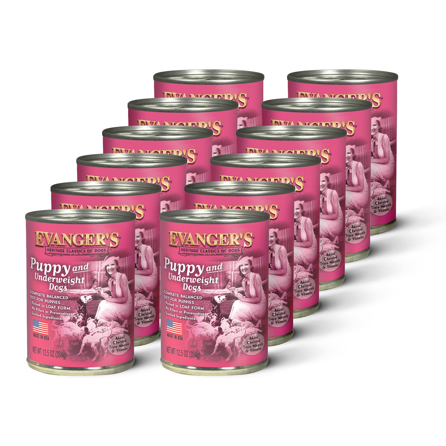 Evanger's Heritage Classic puppy chicken loaf cans show convenient, complete meals for growing dogs.