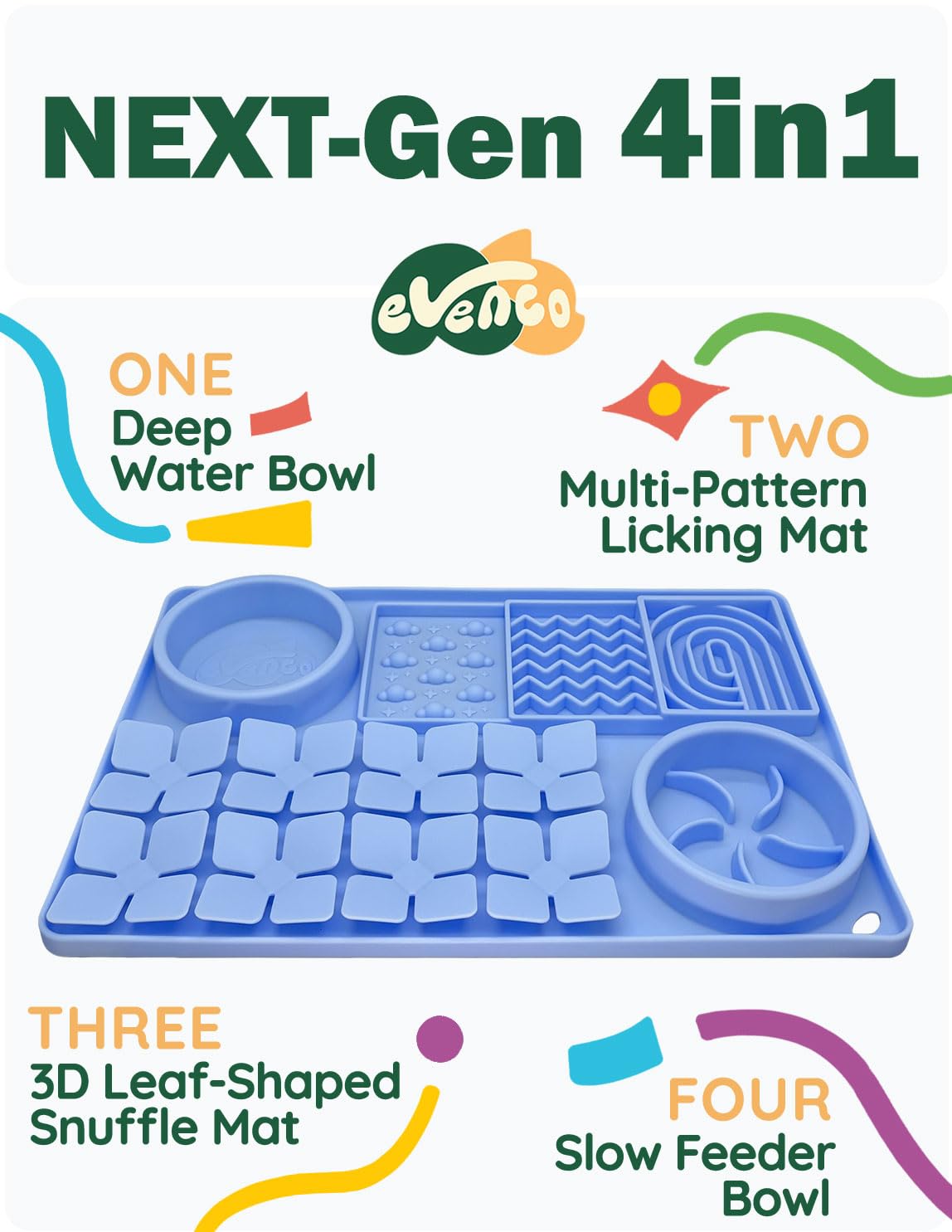 Evenco silicone lick mat with 3 patterns engages pets during meals.