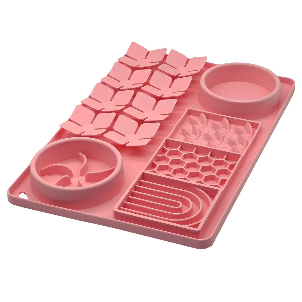 Evenco slow-feeder-bowl-pink shown during use to promote calmer, slower eating.