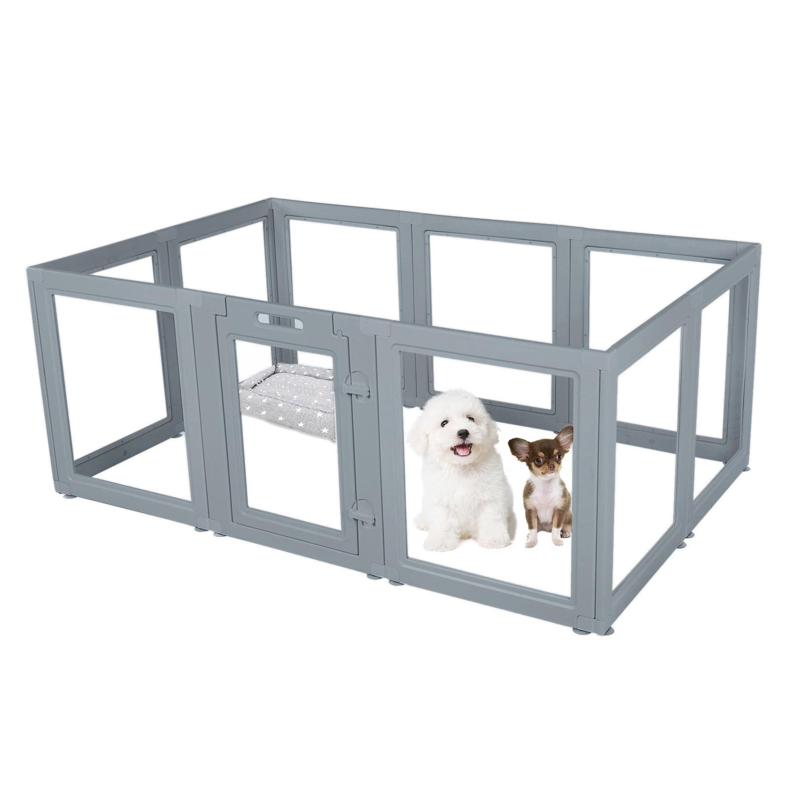 Everfront Clear Dog Play Pen assembled view showing a spacious see-through enclosure.