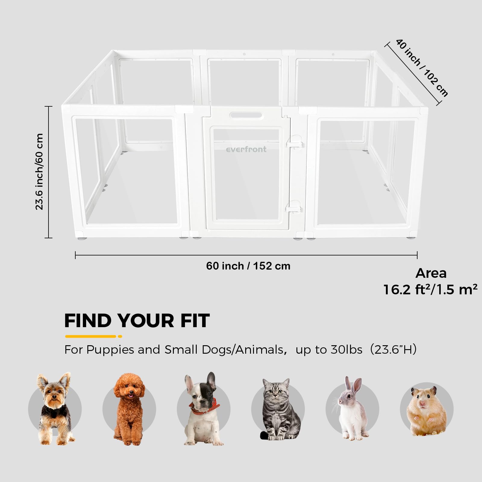 Everfront 60x40x23.6 inch dimensions illustrate flexible layout options.