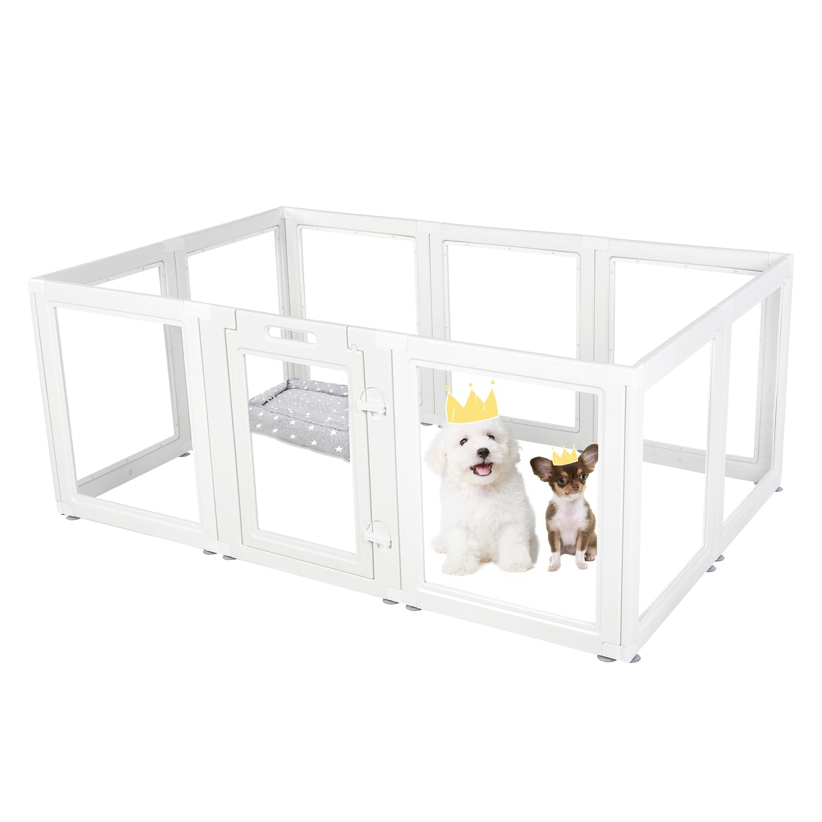 Everfront clear acrylic dog playpen showing tool-free assembly for quick setup.