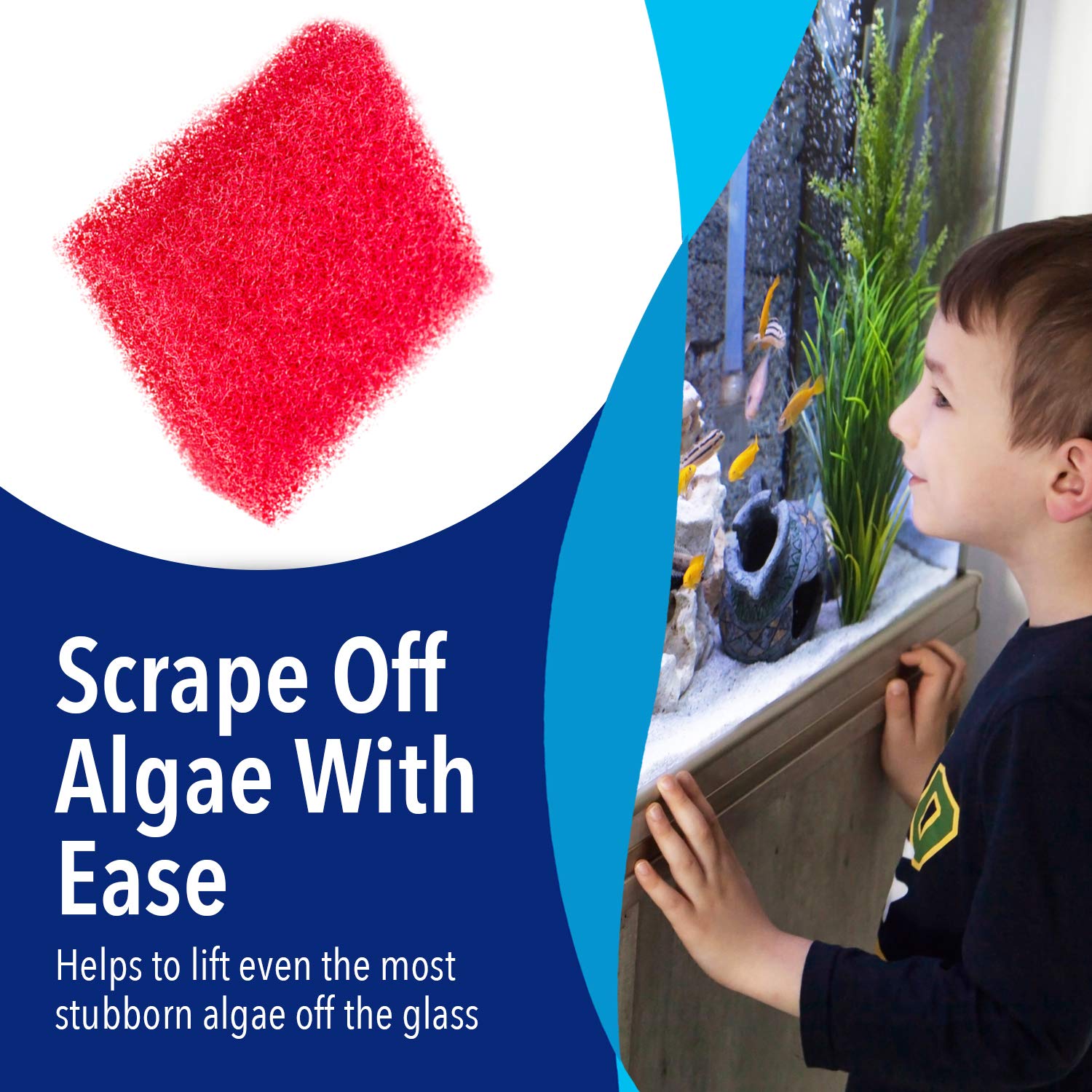 Evergreen aquarium sponge demonstrates handheld cleaning action for reach into corners.