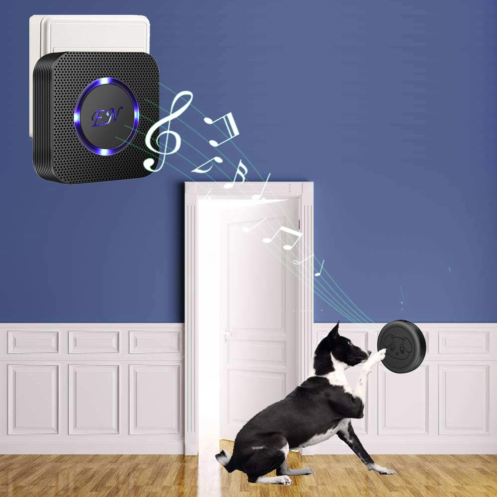 Evernary dog door bell transmitter mounted on door demonstrates quick touch-to-ring action.