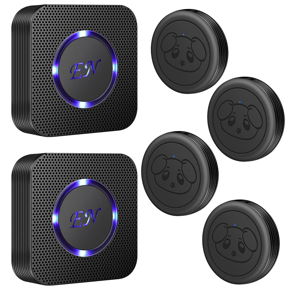 Evernary dog door bell transmitter mounted on door demonstrates quick touch-to-ring action.