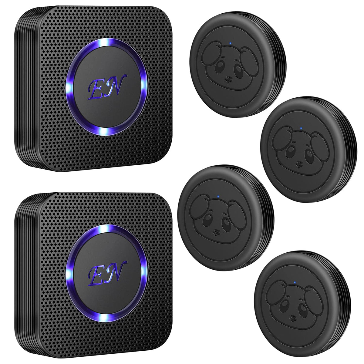 Evernary dog door bell transmitter mounted on door demonstrates quick touch-to-ring action.