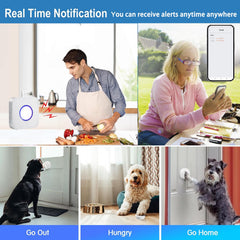 EverNary WiFi Smart Dog Door Bell indoor range test illustrating 100-500ft signal.