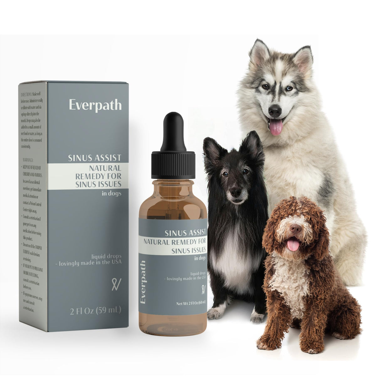 Everpath Sinus Support for Dogs bottle demonstrates easy dosing for canine sinus relief.