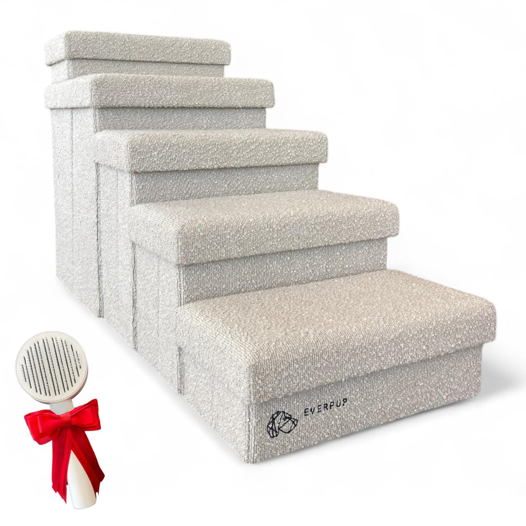 Everpup 5-step dog stairs with off-white folding anti-skid feet for secure climbing.
