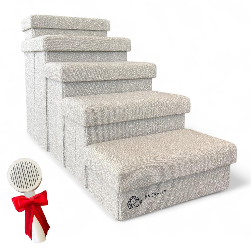 Everpup 5-step dog stairs with off-white folding anti-skid feet for secure climbing.
