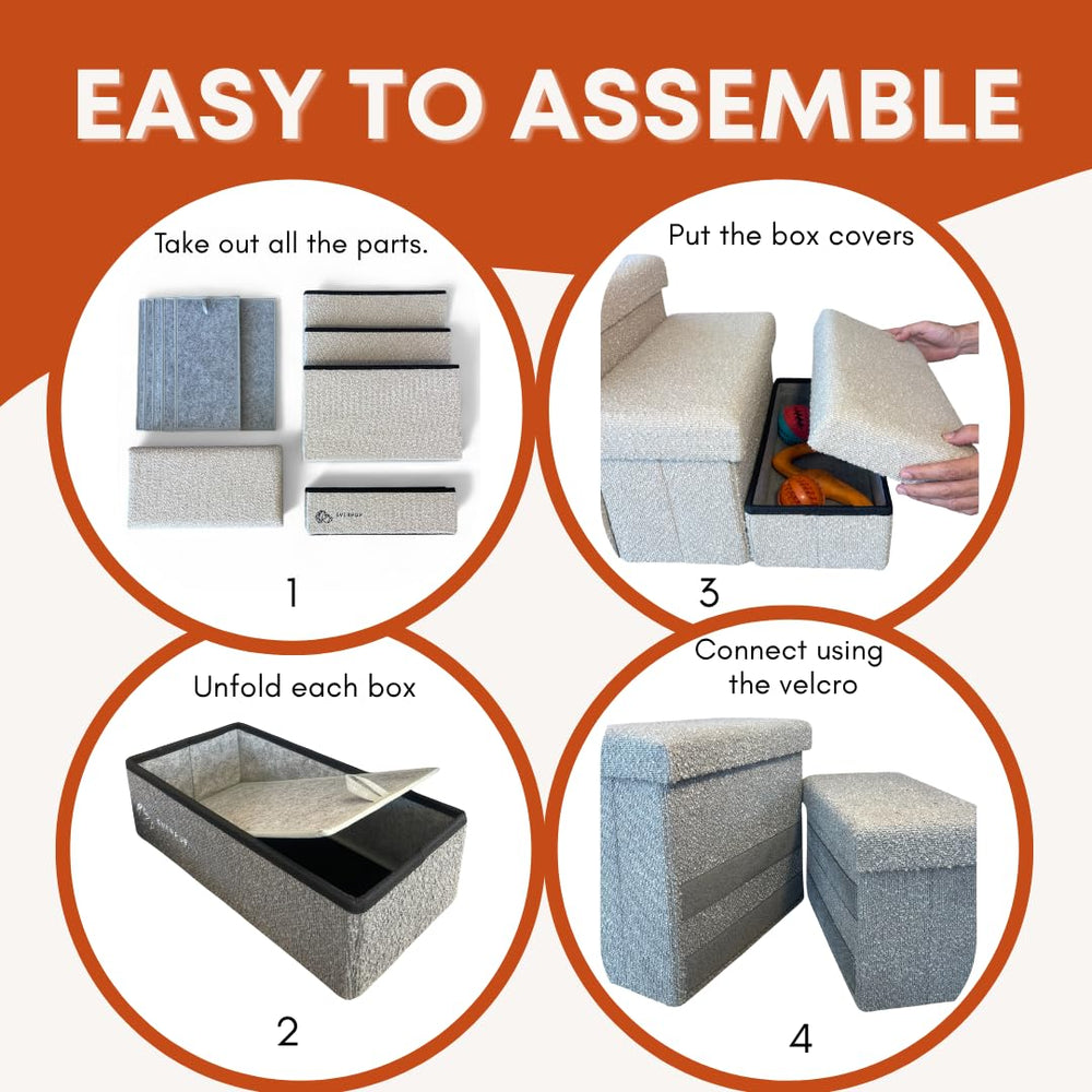 Everpup stairs folded into a storage bench for compact home organization.
