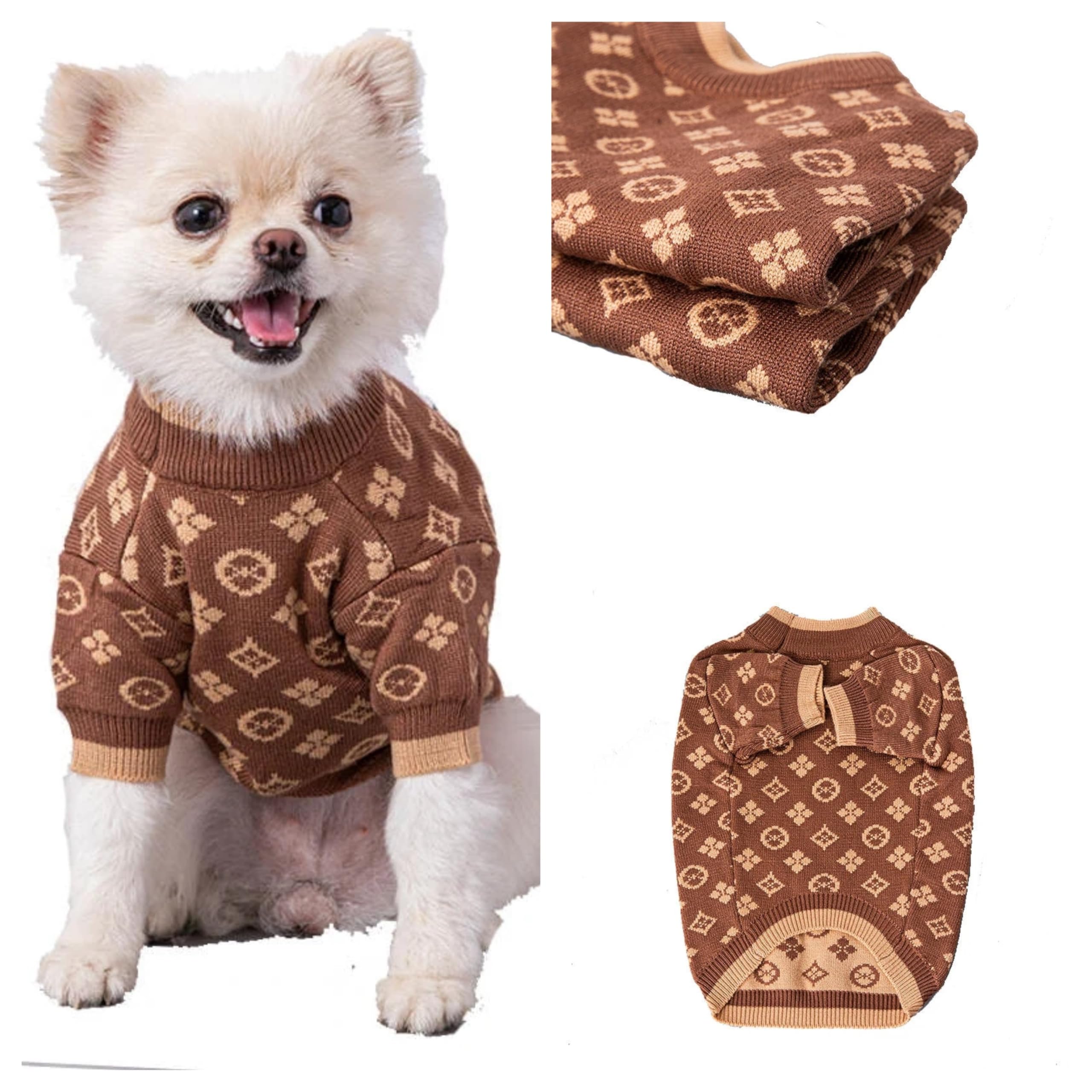 Everything Chic luxury dog sweater model wearing for stylish warmth on small dogs.
