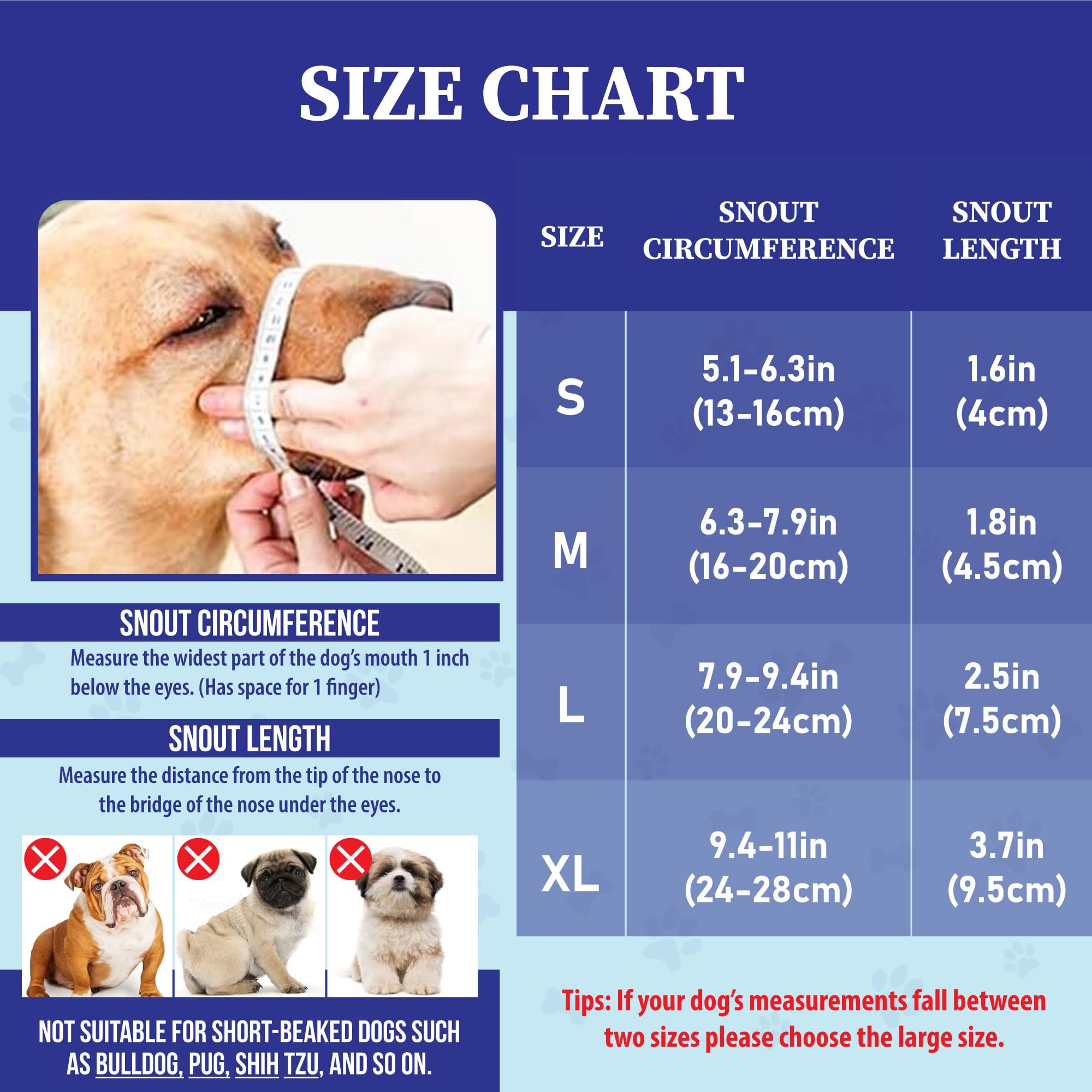 Evollax large dog muzzle sizing guide helps measure 7.9–9.4 inches