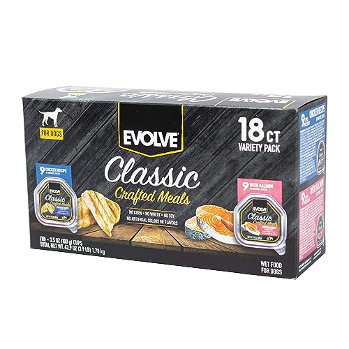 Evolve Classic Crafted Meals salmon dog food serving bowl highlights savory bites for dogs.