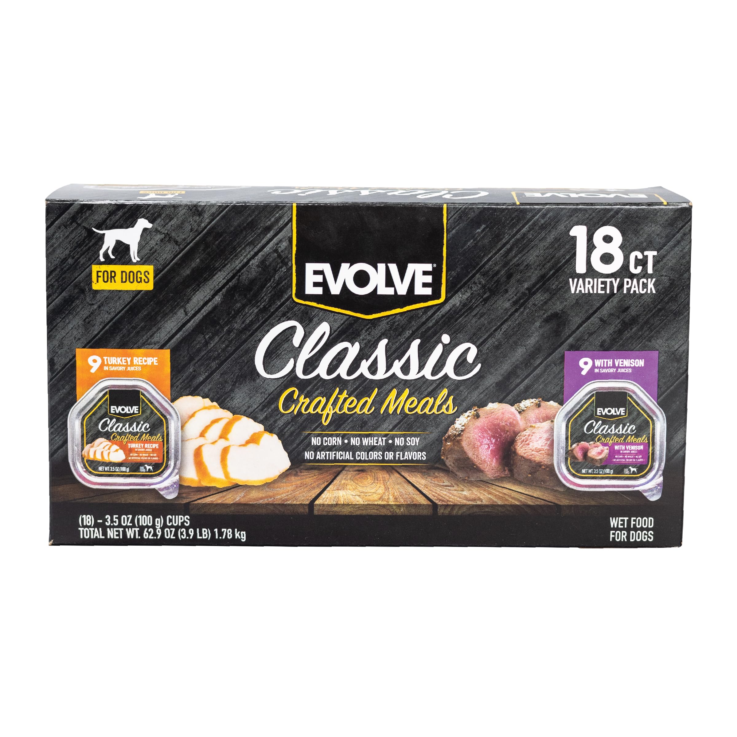 Evolve turkey-venison wet dog food serving bowl, appealing aroma enhances dinner appeal