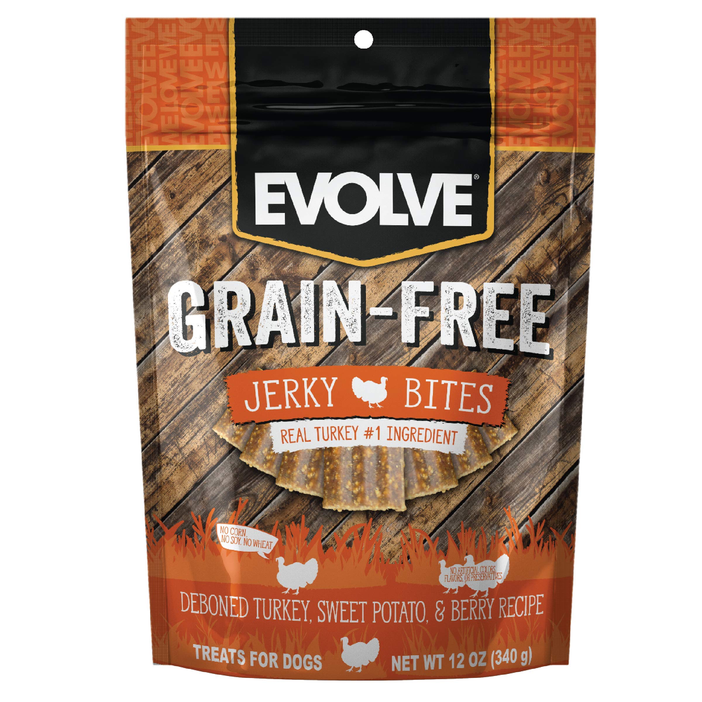 Evolve Grain Free Turkey Jerky Bites real-deboned-turkey close-up shows protein-rich reward for dogs