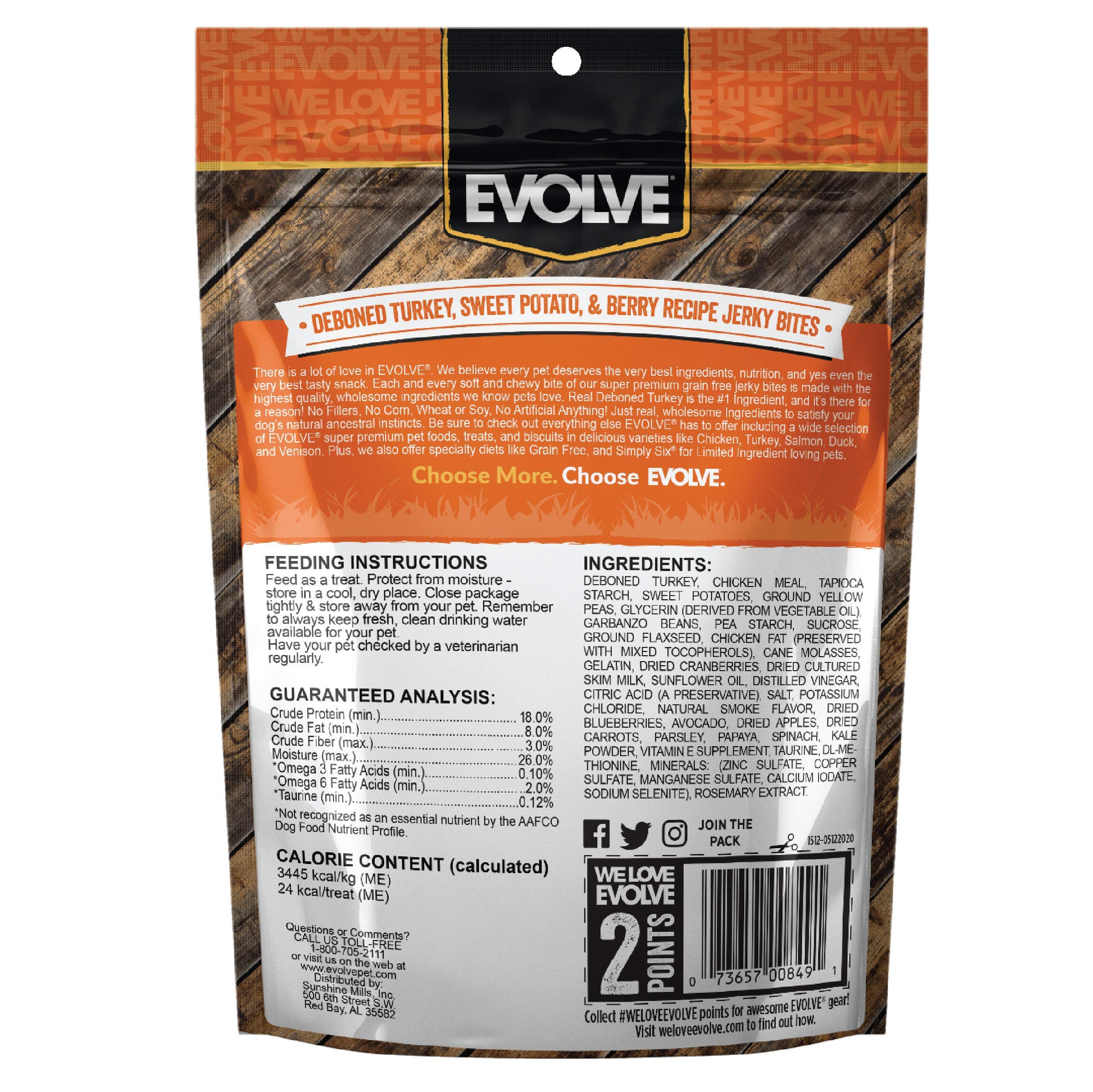 Evolve Turkey Jerky Bites soft-moist-texture close-up highlights gentle chew for sensitive mouths