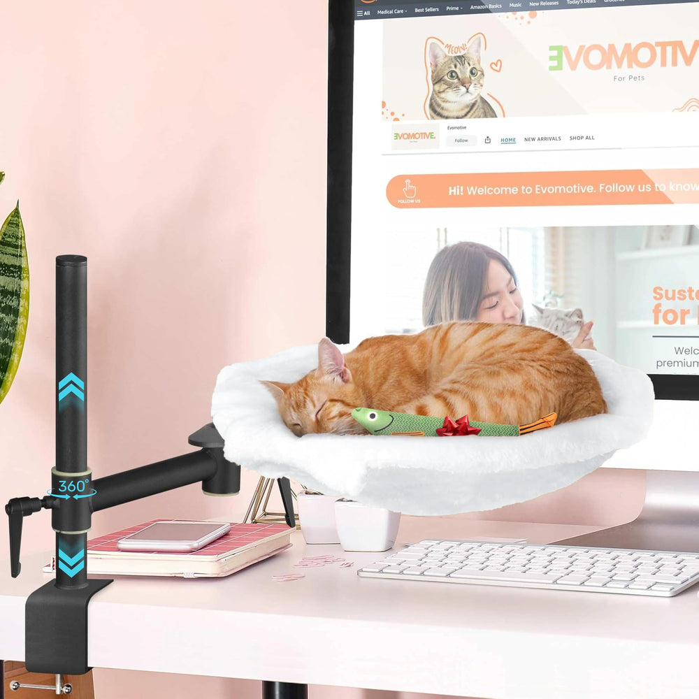 EVOMOTIVE Deskside Dreamer cat perch assembly demonstrates quick, tool-free setup for your workspace.