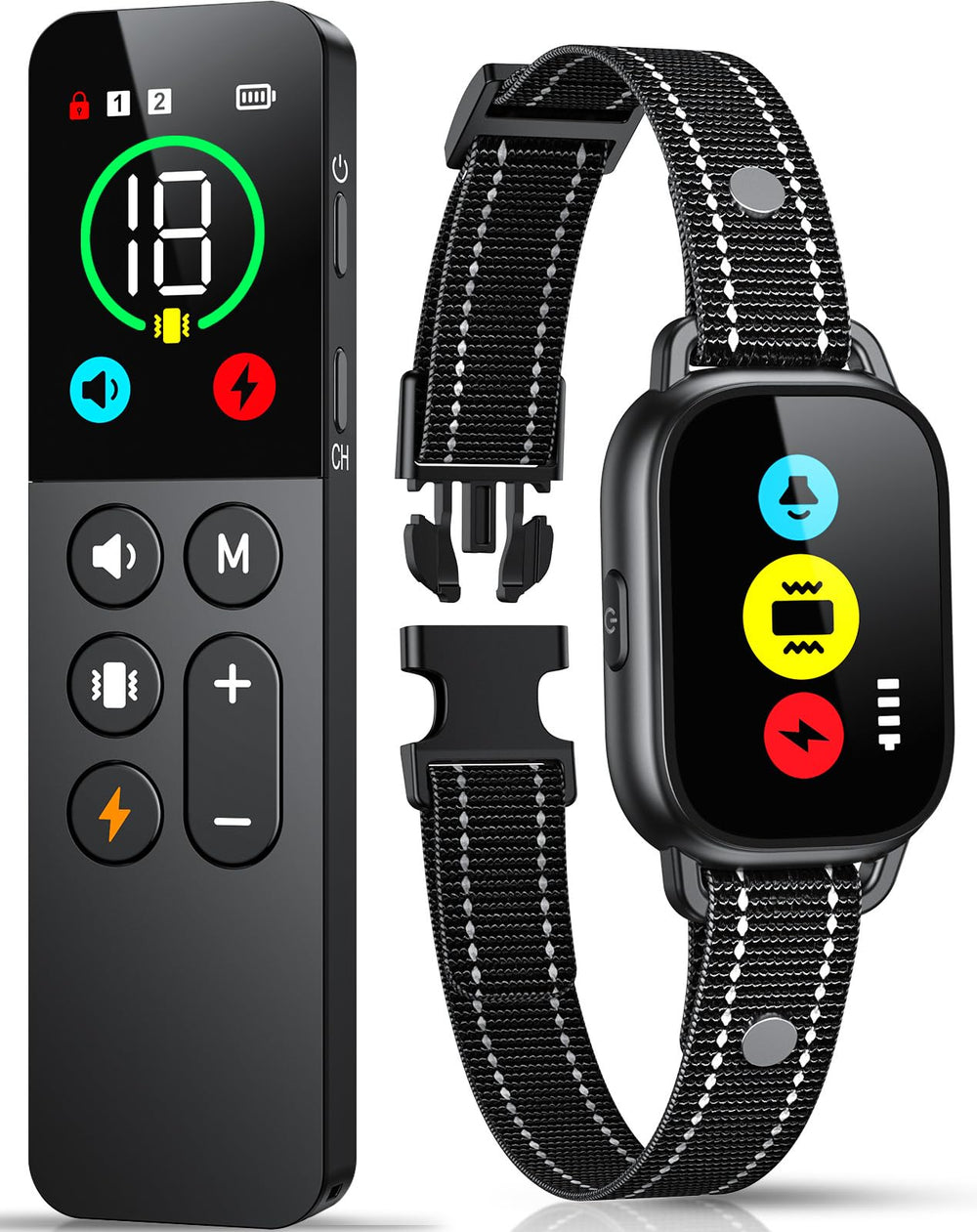 Evuime dog training collar remote shows the control panel for quick commands.