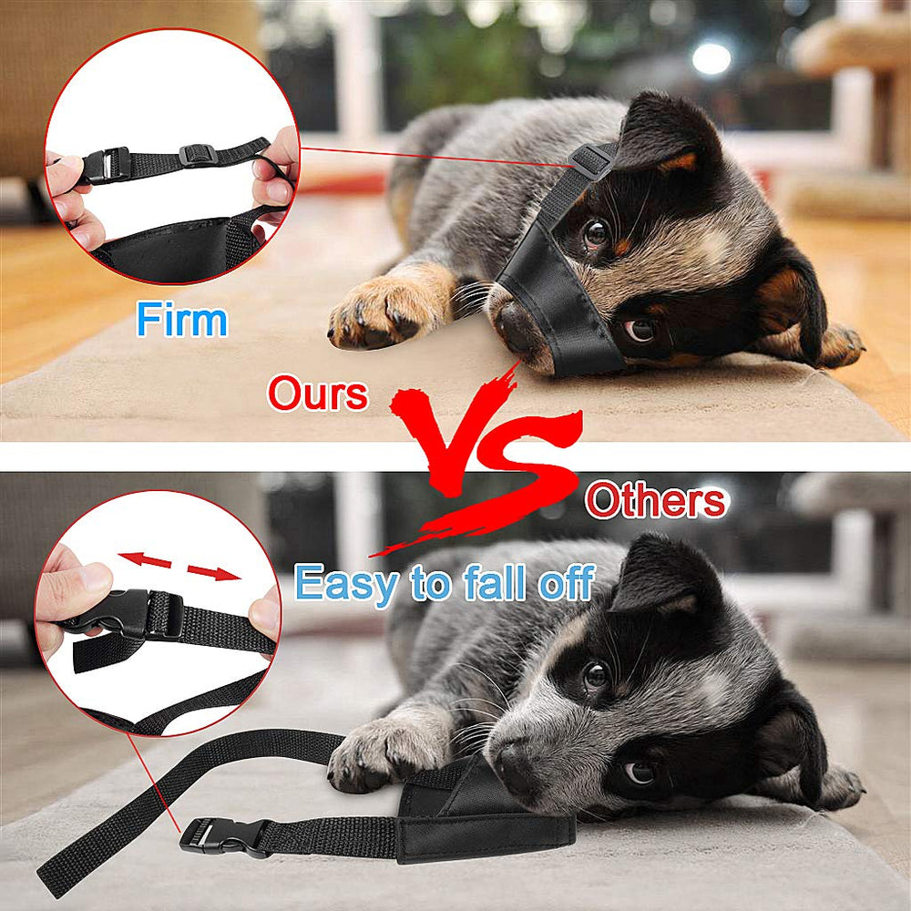 ewinever dog muzzle five-pieces set strap adjustment close-up highlights quick-release buckle convenience.