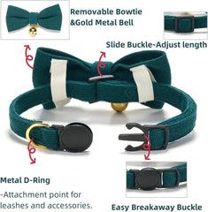 Ewinoom corduroy cat collar in green with soft texture