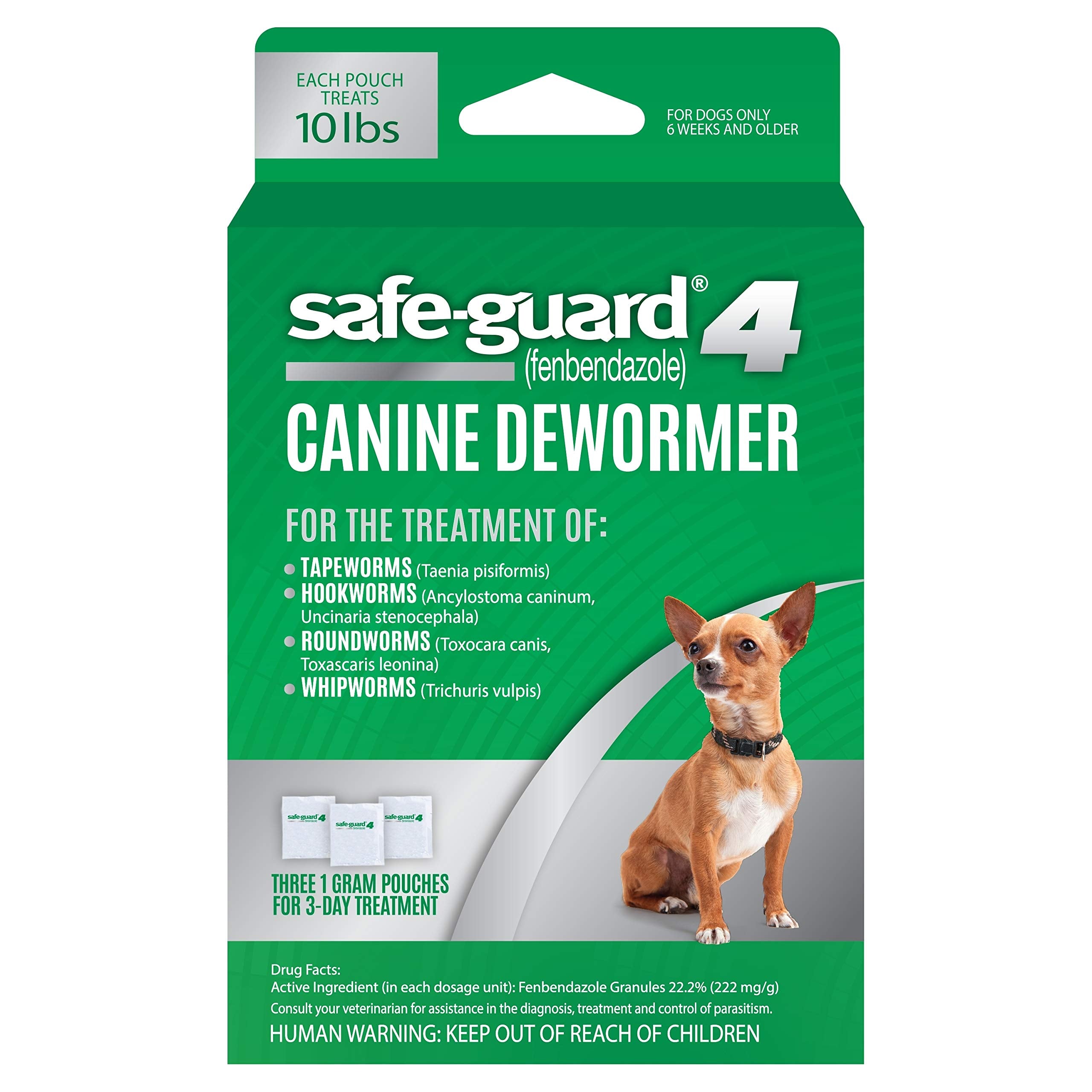 Excel Safe-Guard Canine Dewormer package-front shows three 1-gram pouches for a 3-day treatment