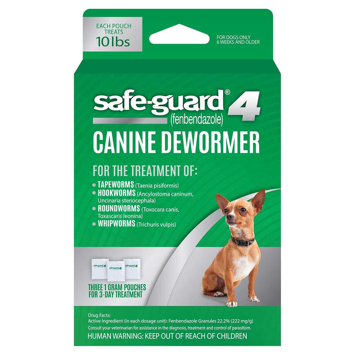 Excel Safe-Guard Canine Dewormer package-front shows three 1-gram pouches for a 3-day treatment