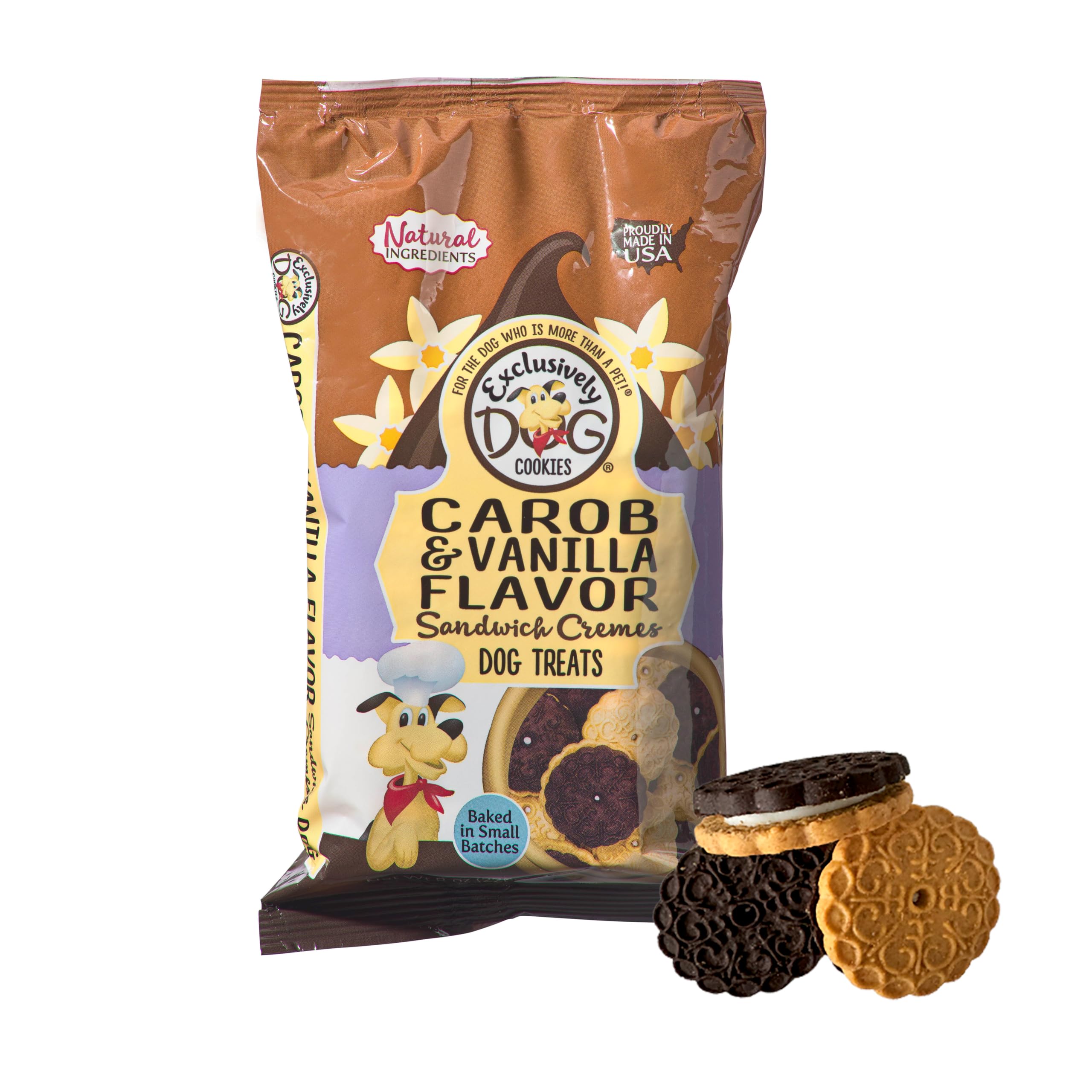 Exclusively Dog Carob & Vanilla Sandwich Cremes bag—natural USA-made treats for dogs.