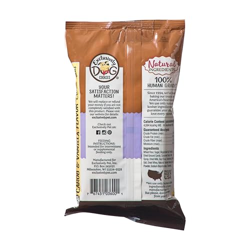 Ingredient closeup of Exclusively Dog Carob & Vanilla Sandwich Cremes—natural flavors dogs love.