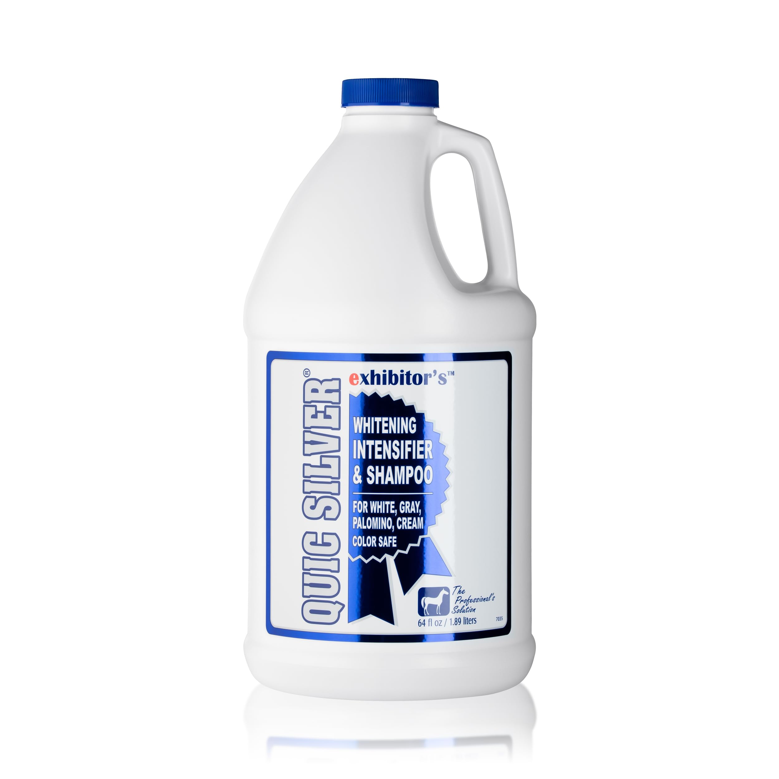 Exhibitor's Quic Silver shampoo bottle highlights color-enhancing formula for bright coats.