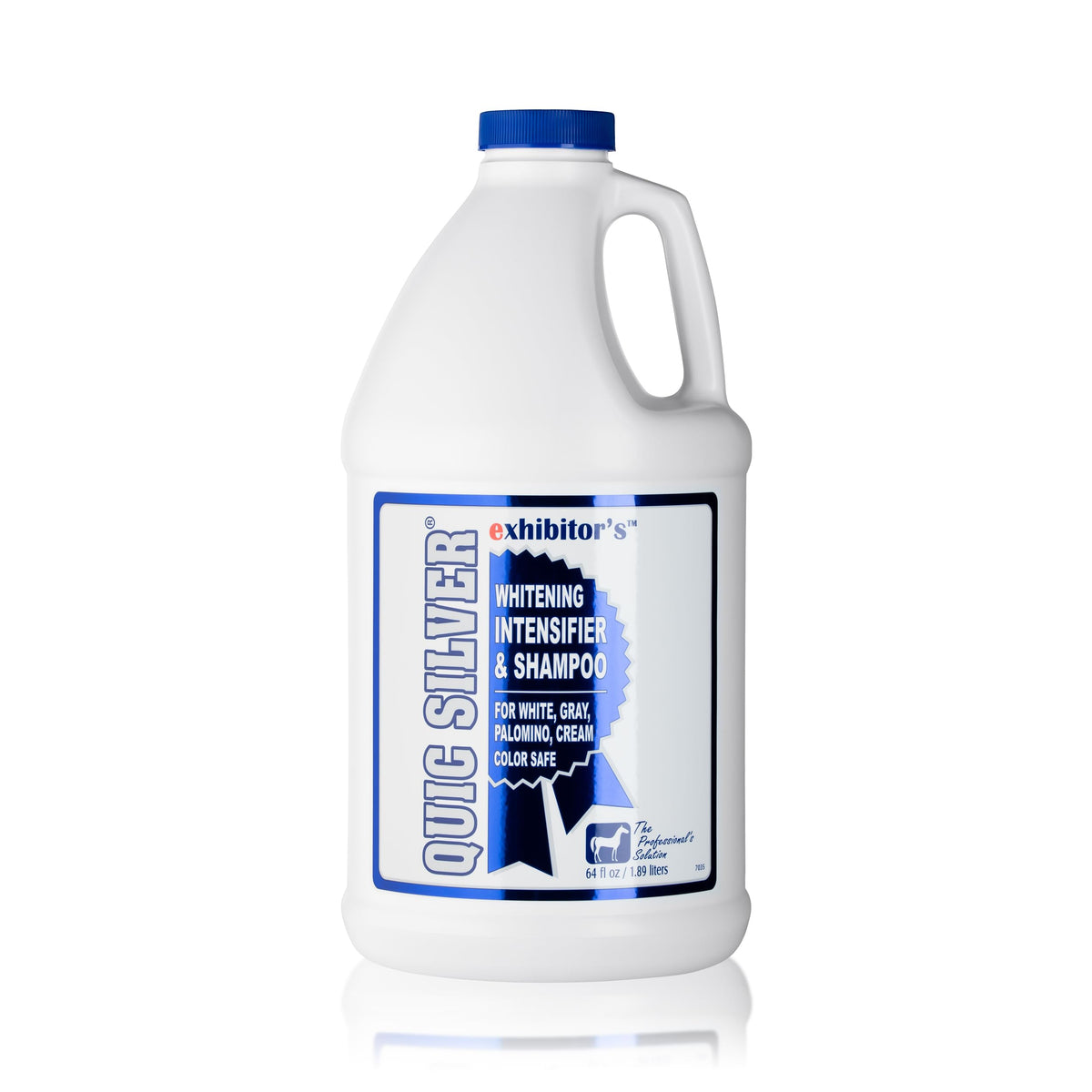 Exhibitor's Quic Silver shampoo bottle highlights color-enhancing formula for bright coats.