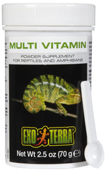 Exo Terra Multi Vitamin Powder bottle enables easy dusting for balanced reptile nutrition.
